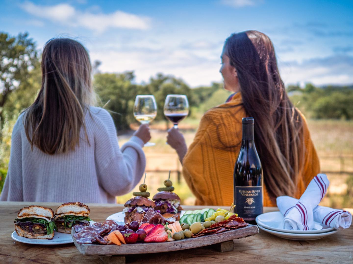Two women cheers a pair of wine glasses while facing vineyards views and enjoying a small bites