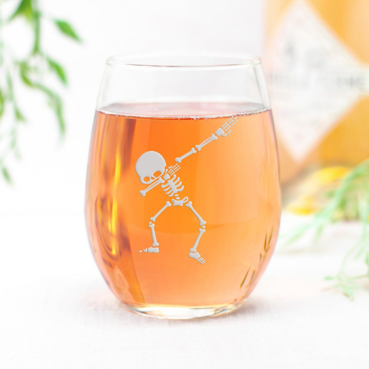 Dancing skeleton printed on stemless wineglass