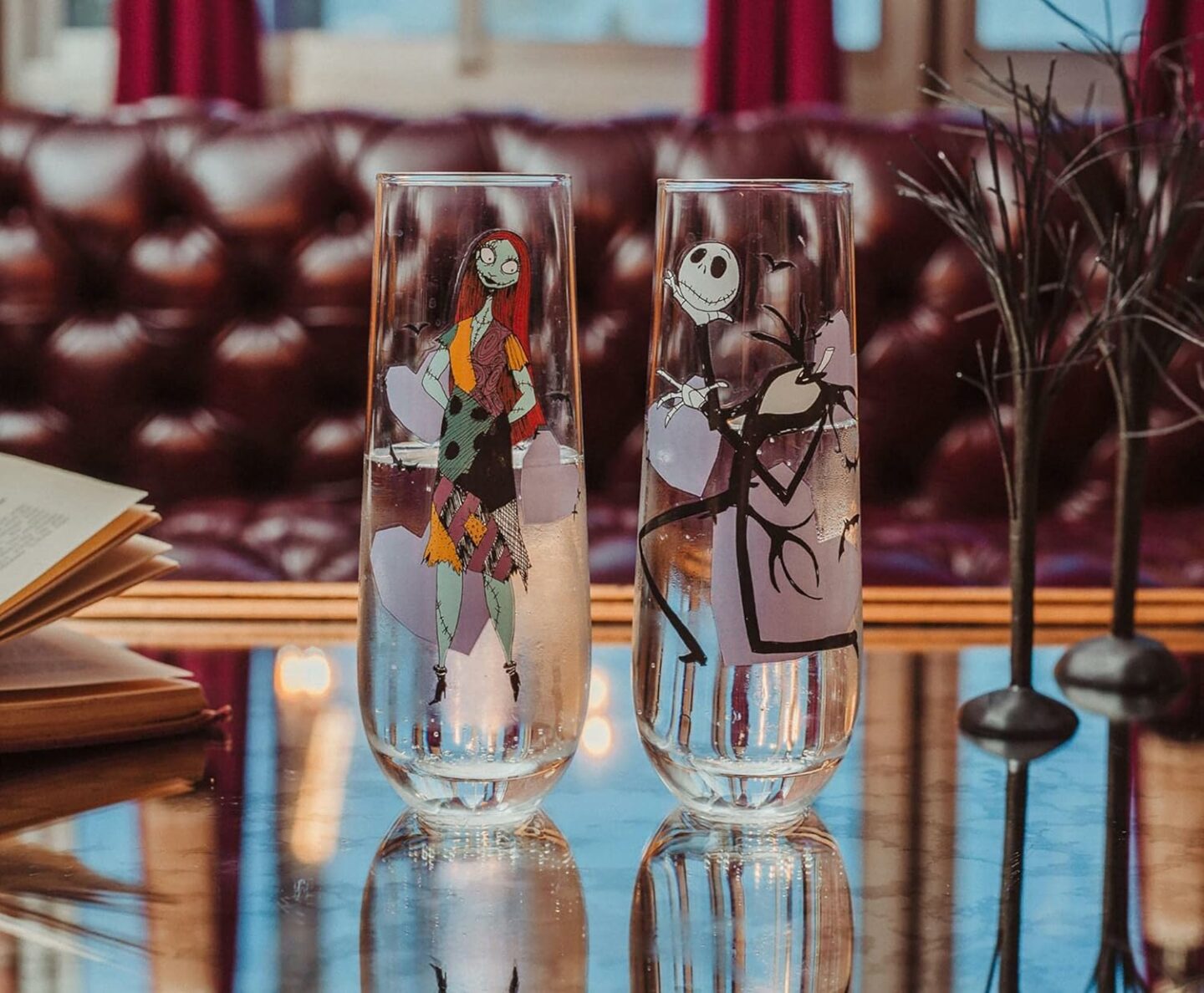 Fluted Glassware set featuring Jack the Skeleton and Sally