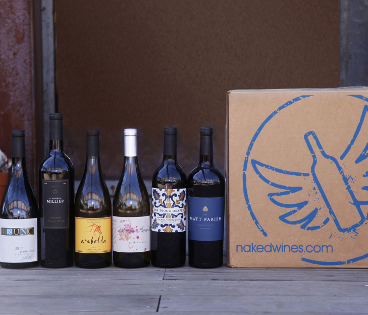 Bottles of naked wines review with a delivery box