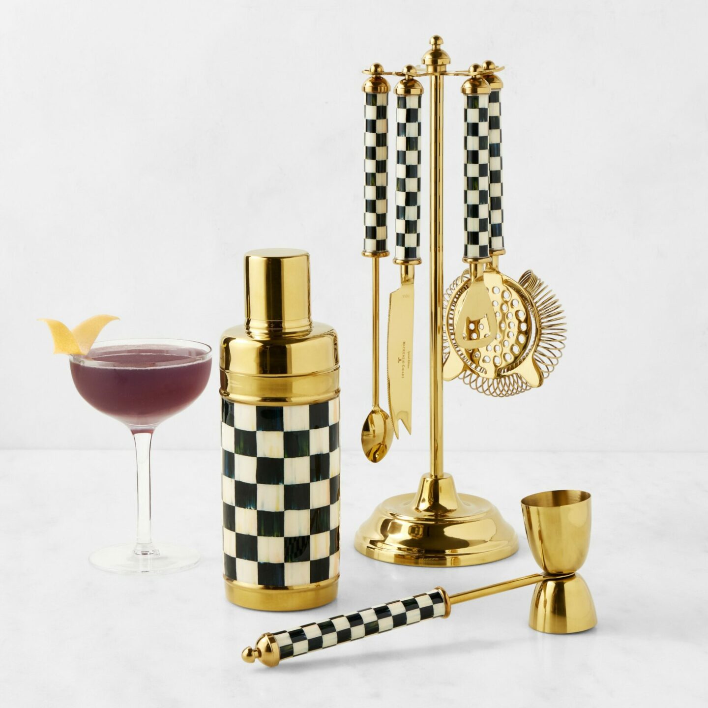 checkered cocktail shaker set with tools