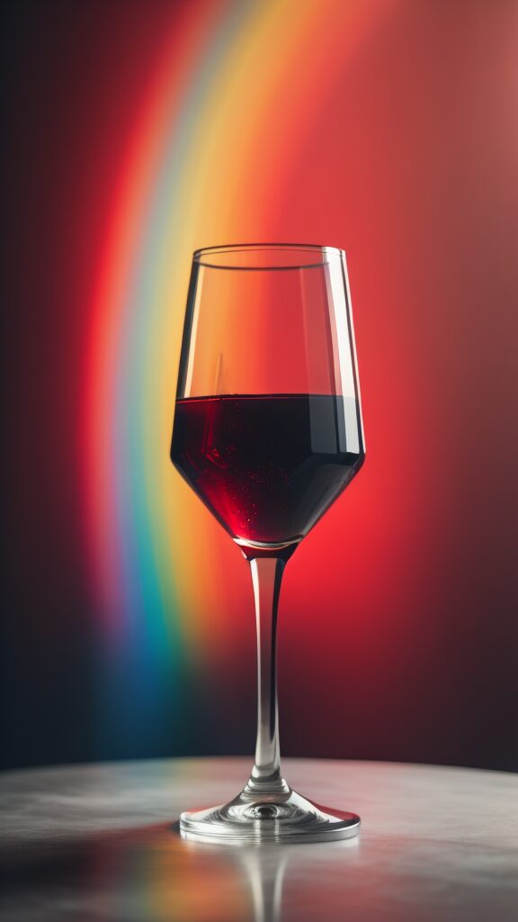 Pride wine - a glass of red wine with a rainbow in the background