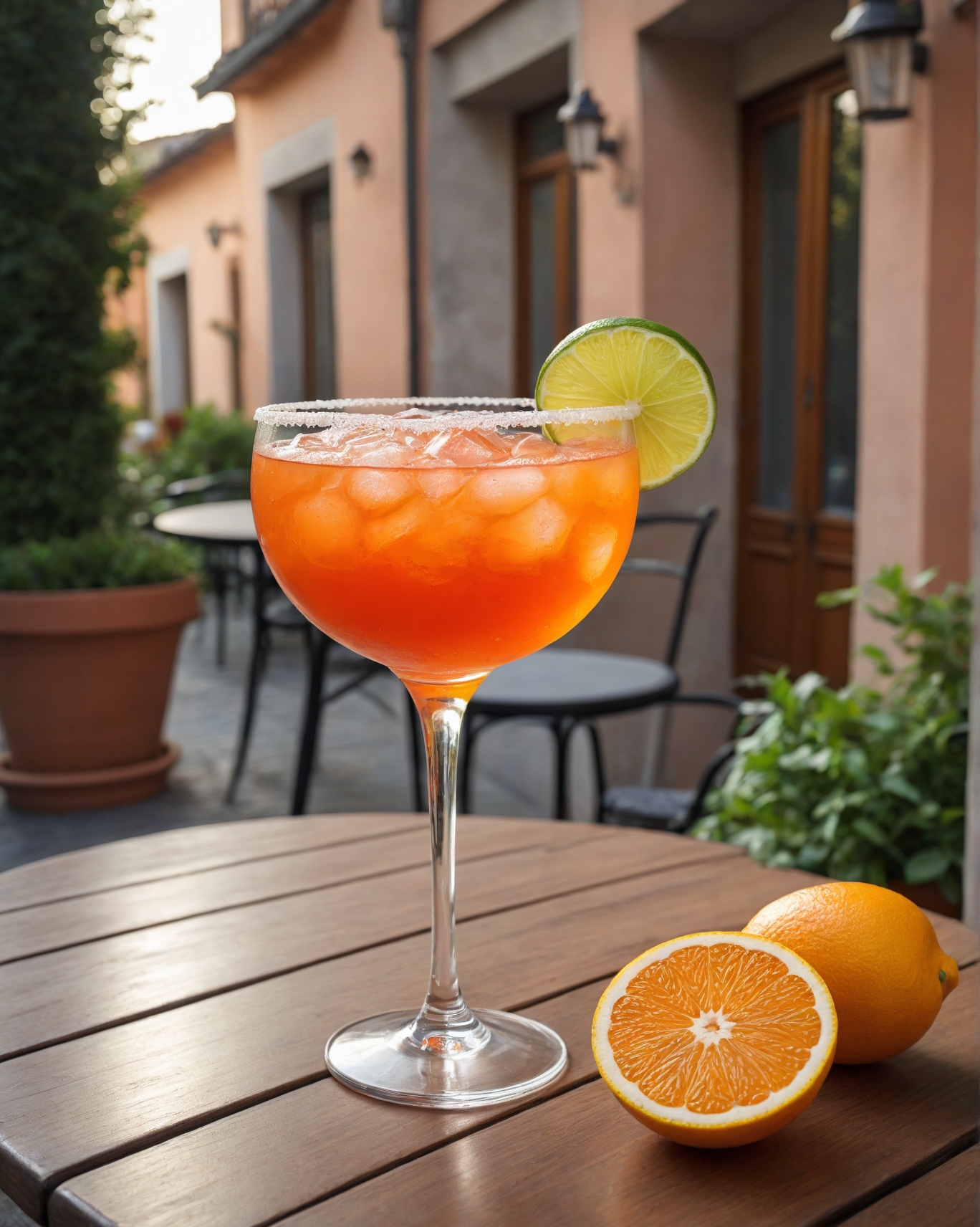 Aperol Margarita Flavors in a glass on a table with an outdoor restaurant scene