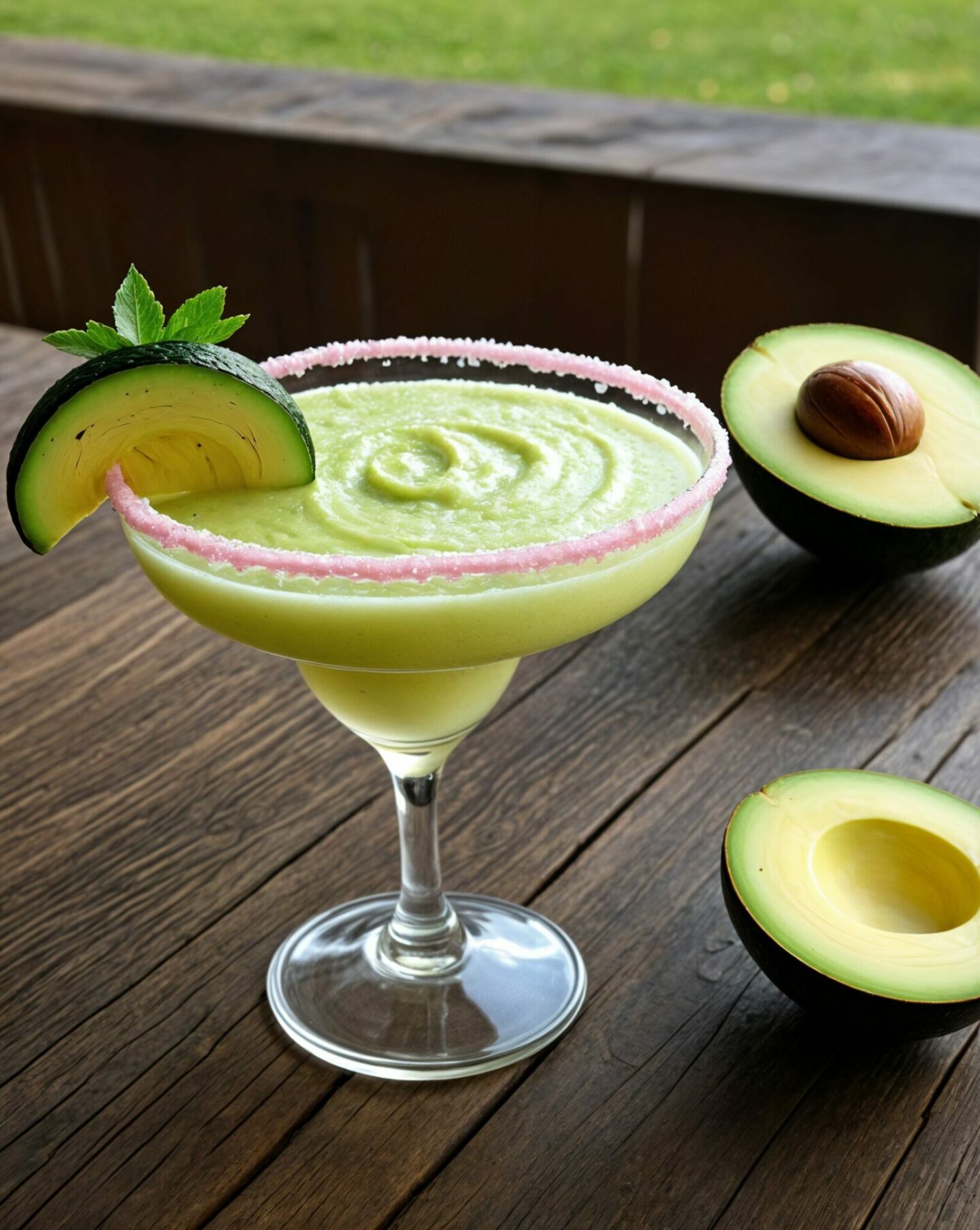 Avocado Margarita Flavors in a glass on a table with Avocado by the side