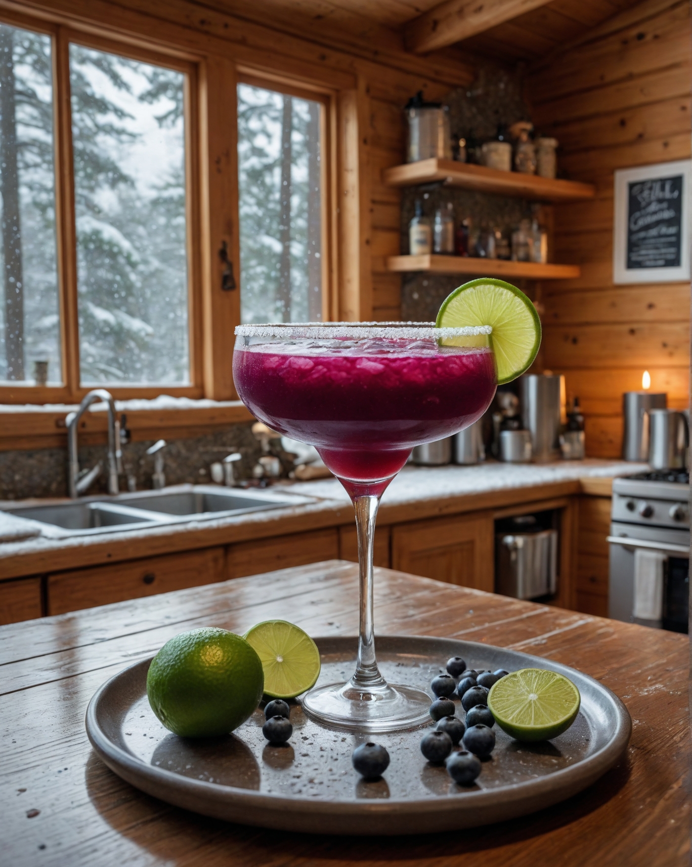 Blueberry Margarita Flavors in a glass on a round tray which is on a table