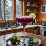 Blueberry margarita in a glass on a table with a window in view