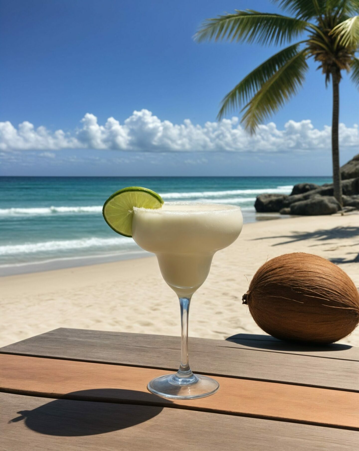 Coconut Margarita Flavors in a glass on a table with a coconut on the table and a beach scenery