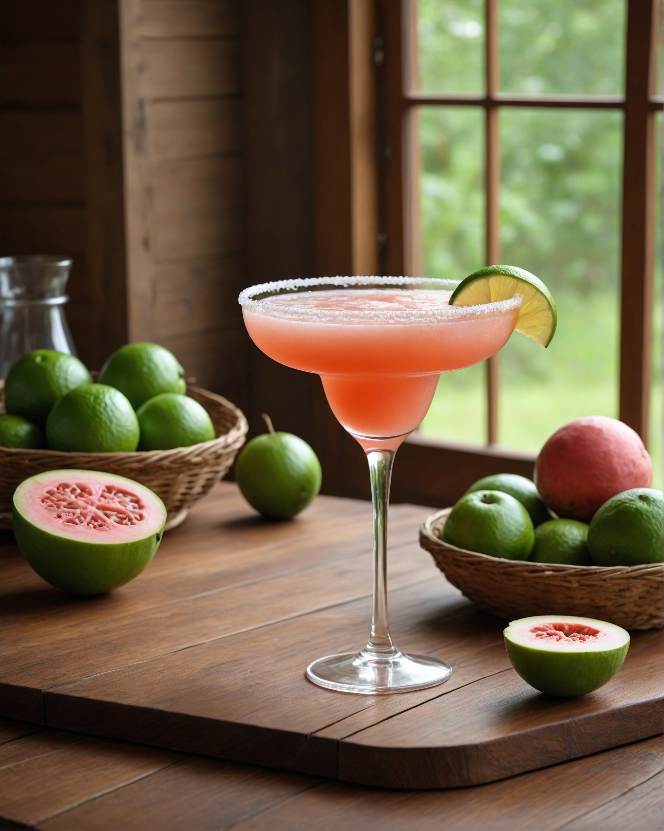 Guava Margarita Flavors in a glass on a table with a window in view