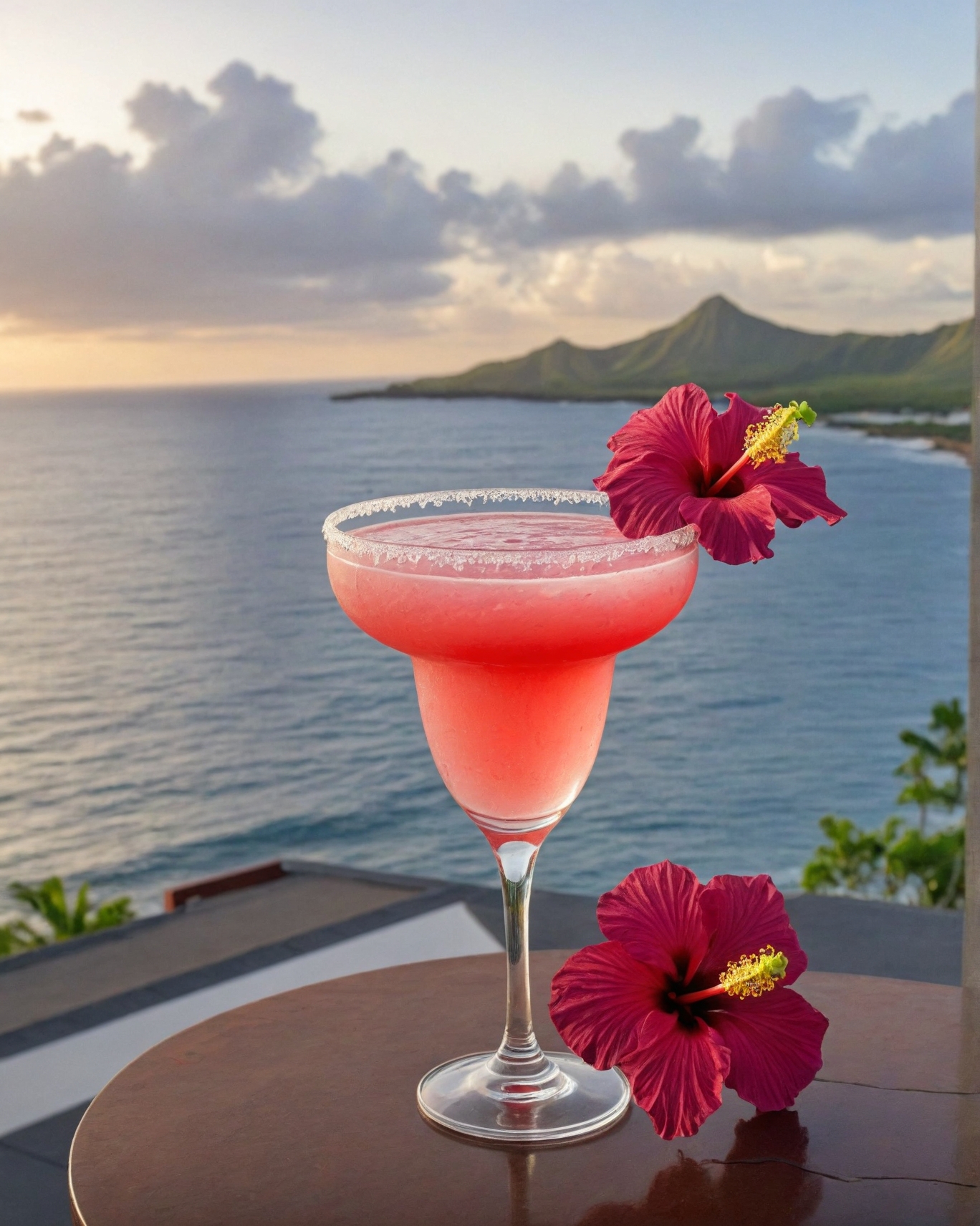 Hibiscus Margarita in a glass with sunset view