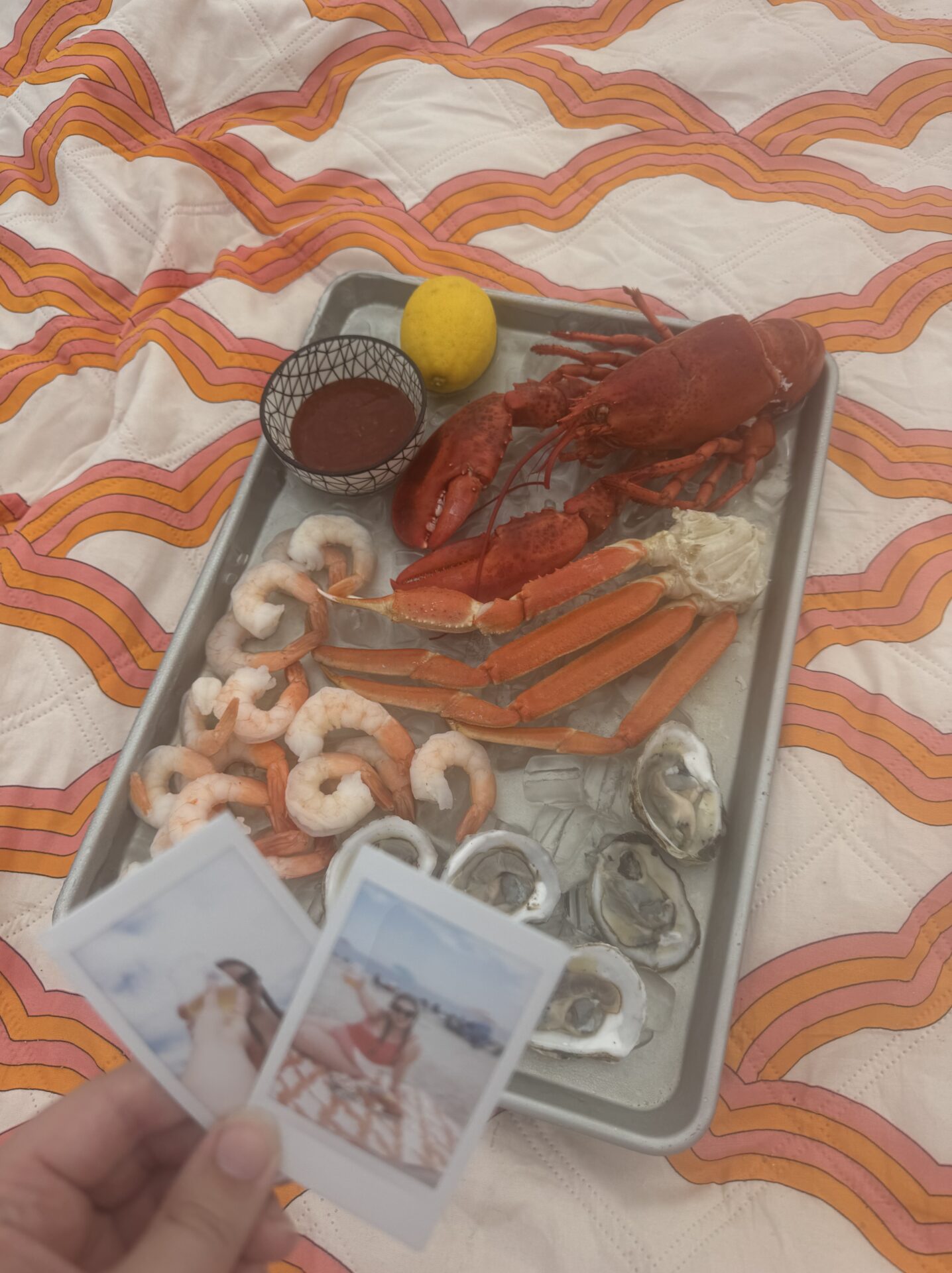 Sea food platter at the beach on blanket