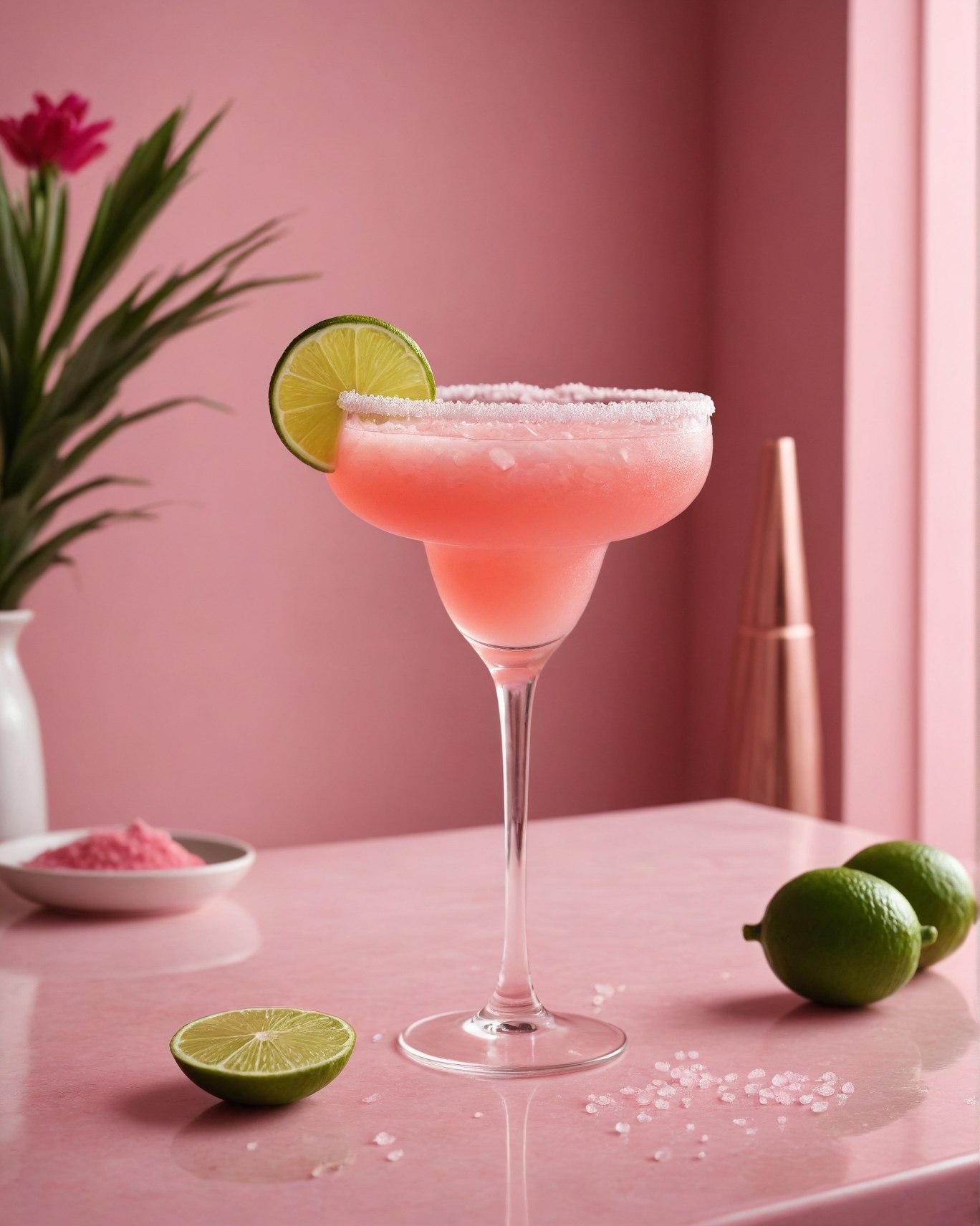 Pink Margarita Flavors in a glass with a pink background