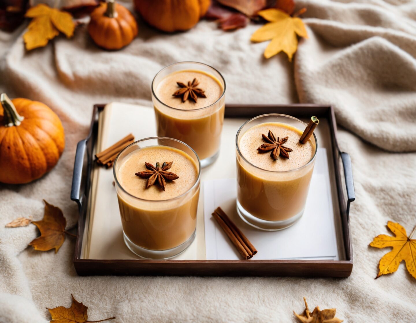 Pumpkin Chai Latte in 3 glasses in a tray