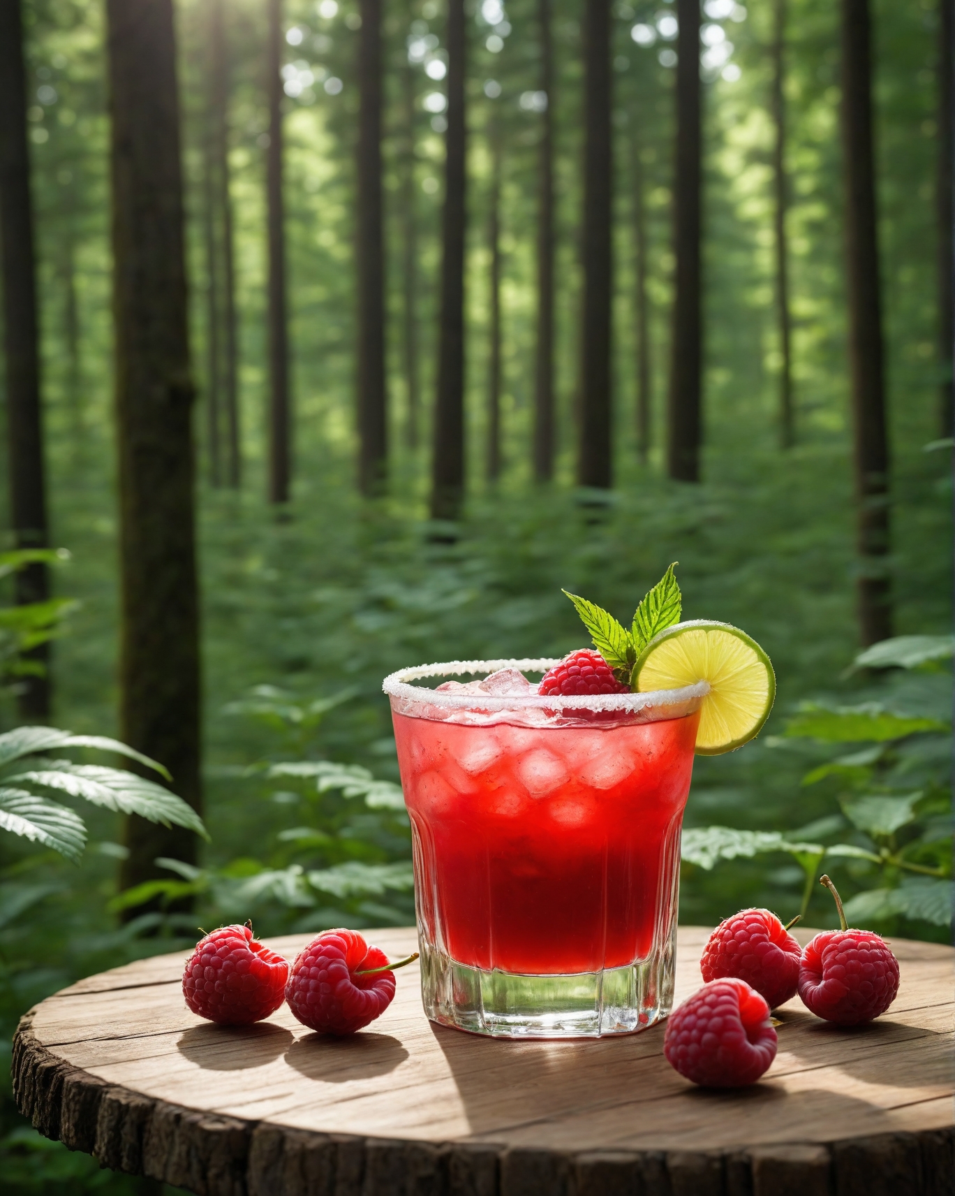 Raspberry Margarita Flavors in a glass with raspberries by the side with a forest scene