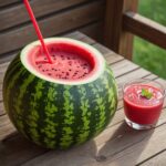 Watermelon Margarita in a watermelon on a wooden table with a glass cup by the side