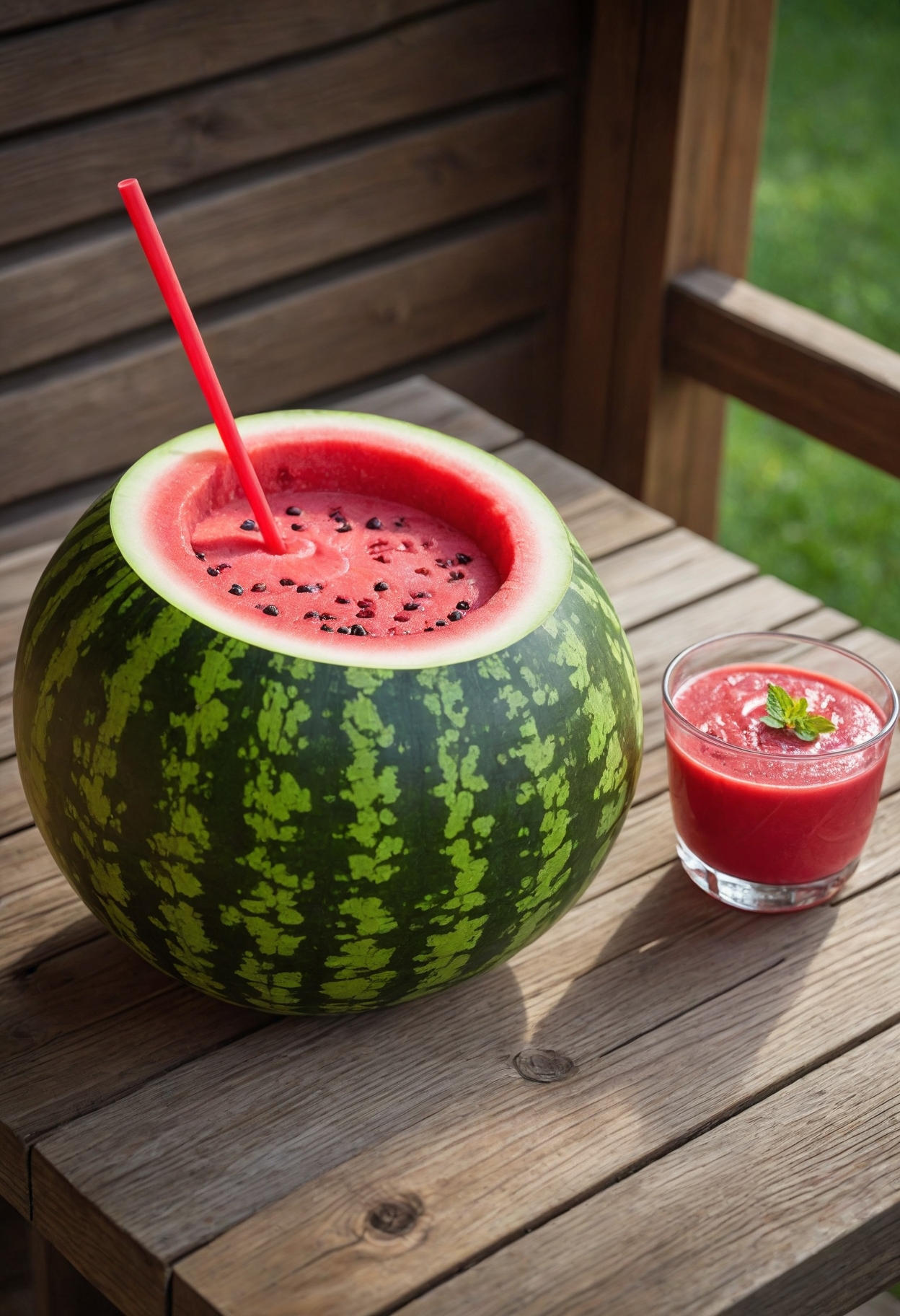 Watermelon Margarita in a watermelon on a wooden table with a glass cup by the side