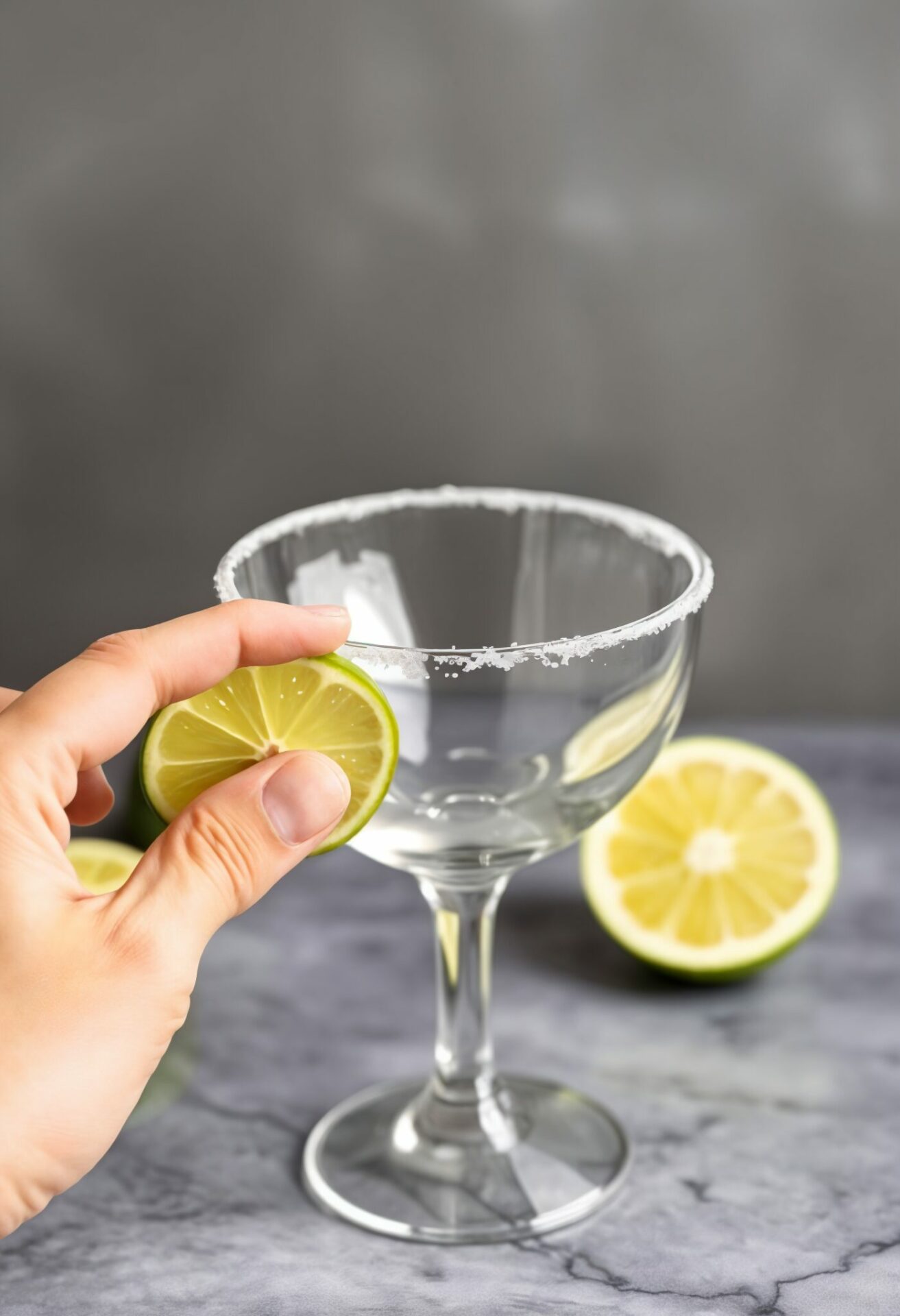 a hand rubbing a lime around an empty margarita glass