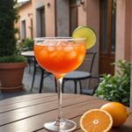 aperol margarita sitting in a glass on a table