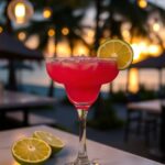 Prickly Pear Margarita in a glass with a beautiful scenery