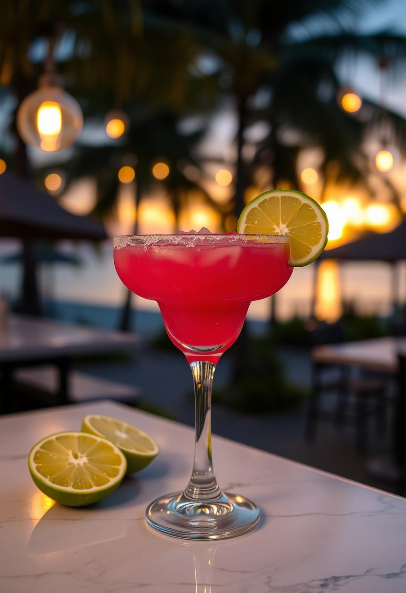 Prickly Pear Margarita in a glass with a beautiful scenery