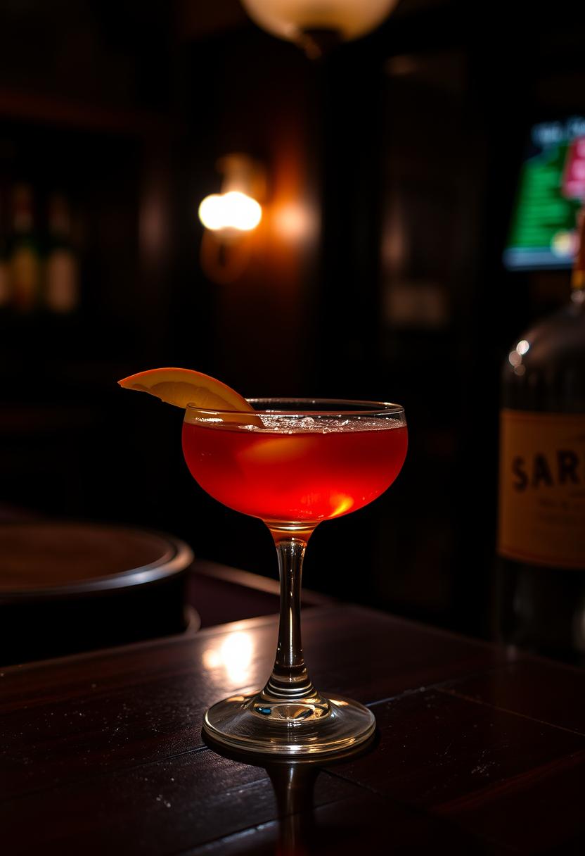 Sazerac Recipe in a glass with a dark background