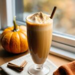 pumpkin chai cocktail in a long glass with straw by the window with pumpkin by the side