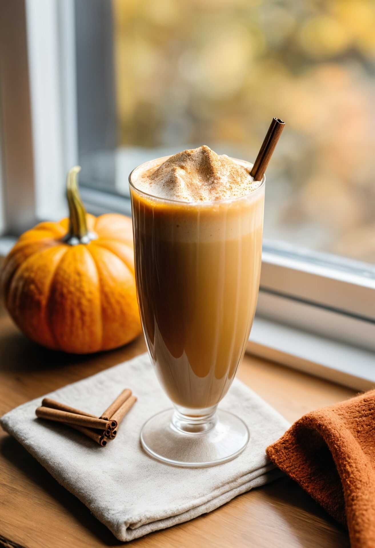 pumpkin chai cocktail in a long glass with straw by the window with pumpkin by the side