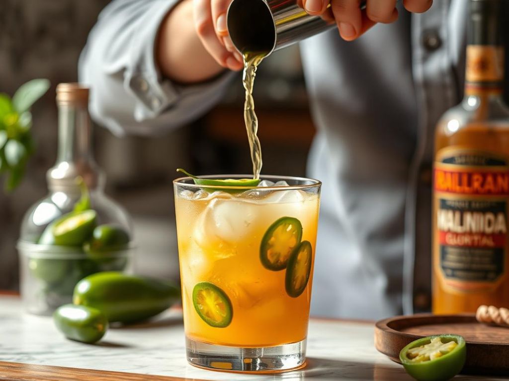 spicy jalapeno Margarita in a glass with a hand pouring into the glass