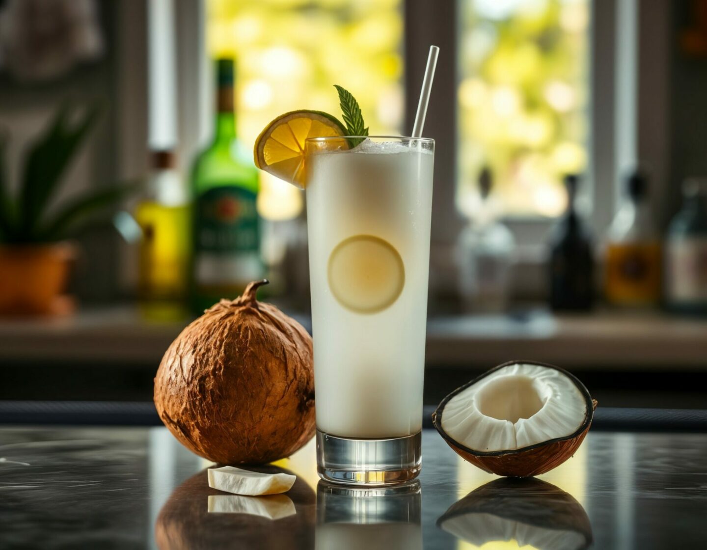 tequila coconut water-Low Calorie Tequila Drinks in a glass with straw and a coconut by the side