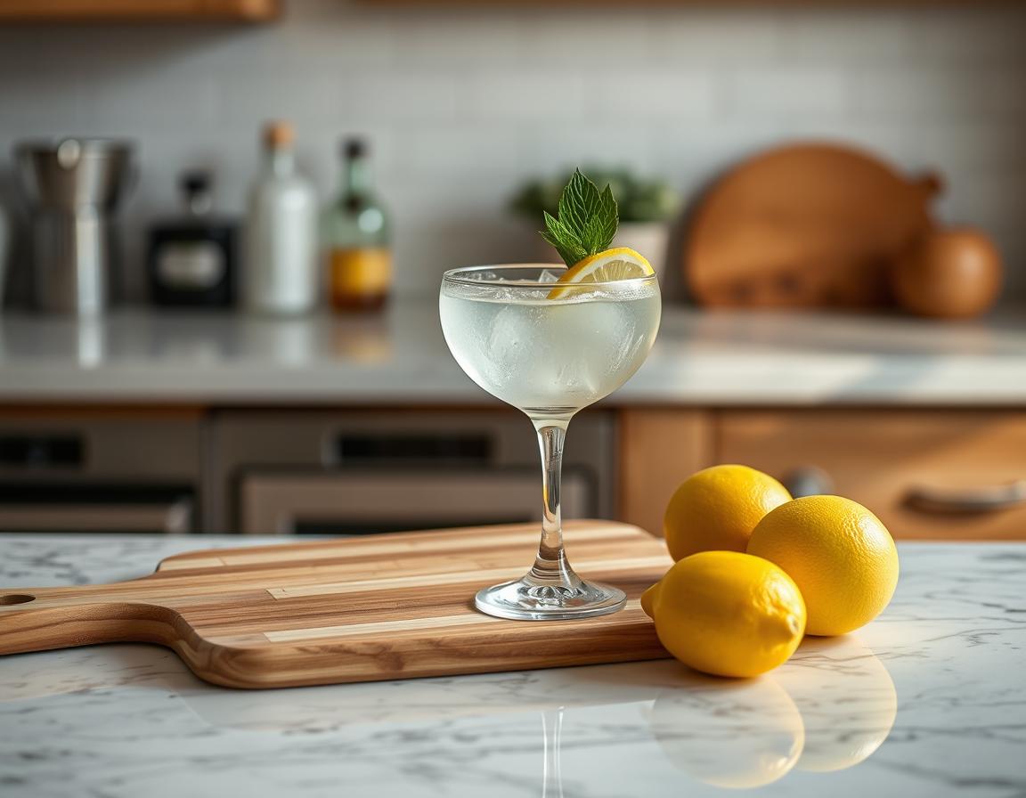 Tequila collins - Low Calorie Tequila Drink in a glass with a chopping board by the side with lemon