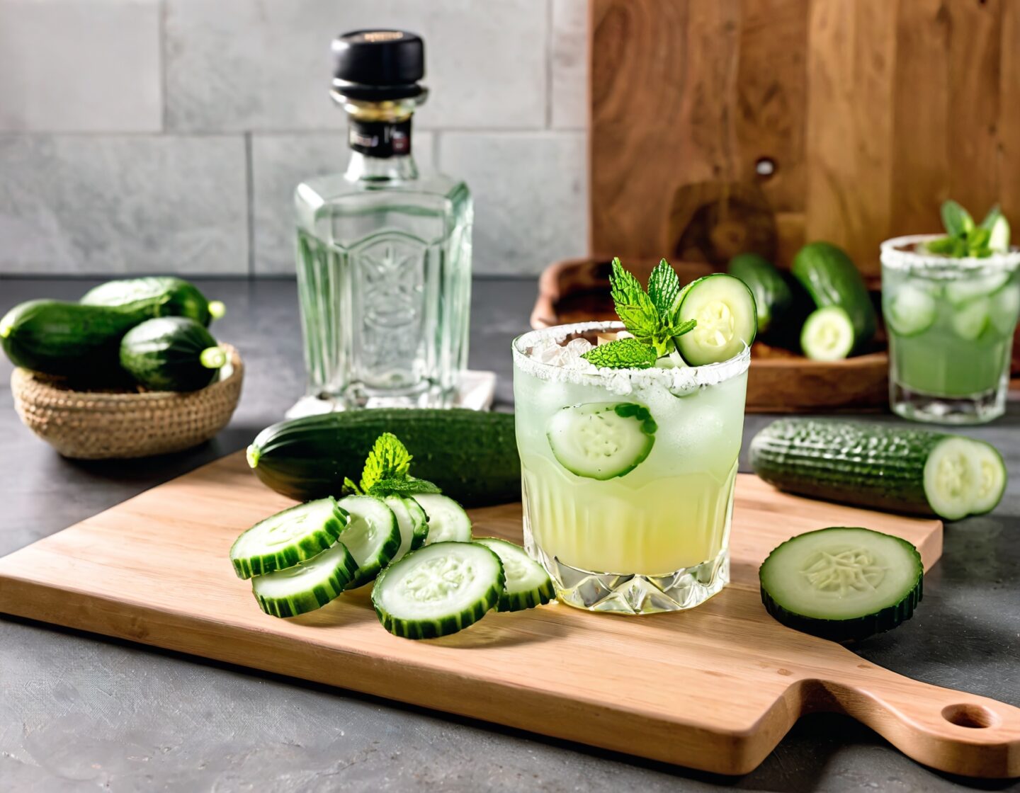 tequila cucumber-Low Calorie Tequila Drinks in a glass on top a chopping board with sliced cucumber on the board