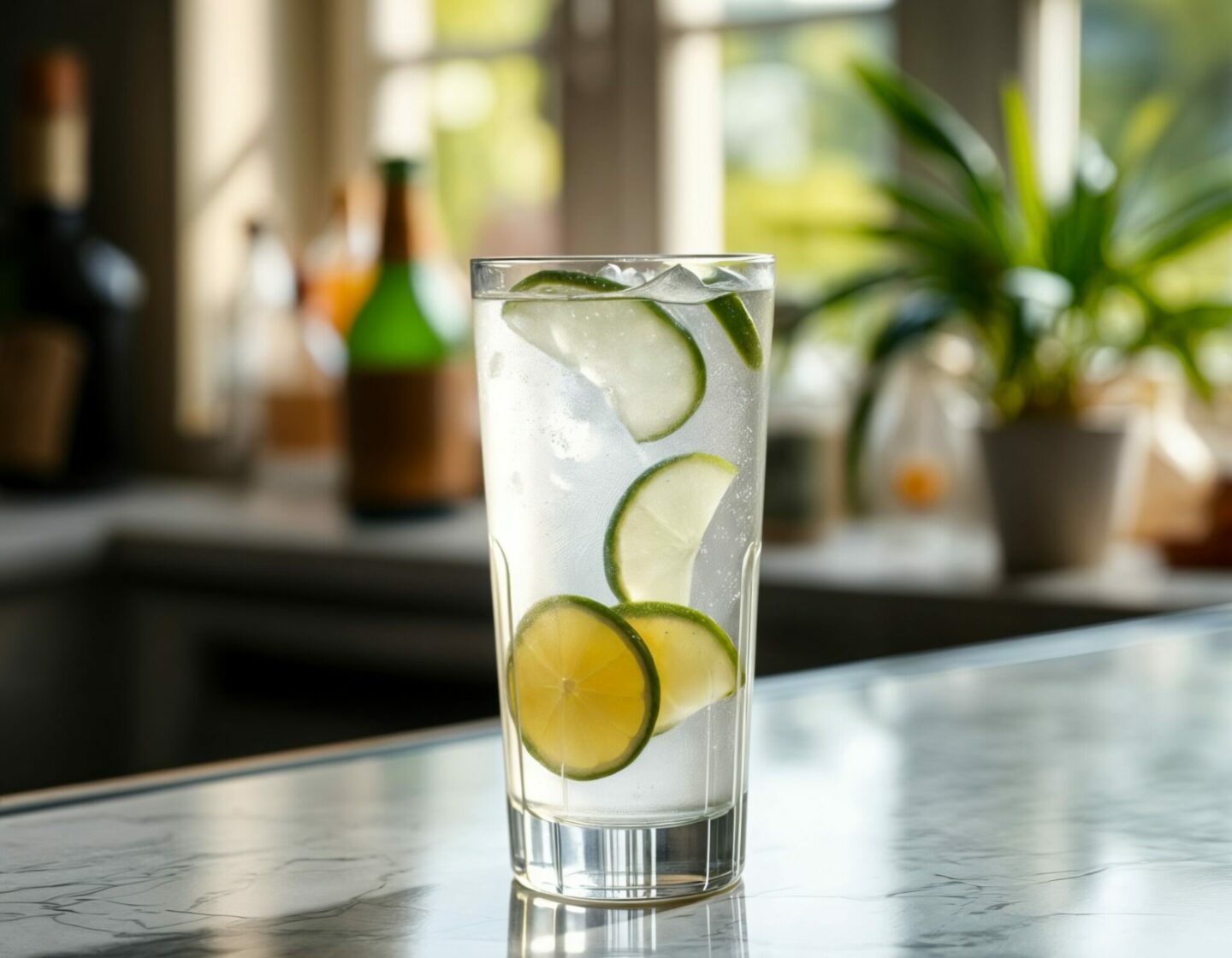 Tequila and Sparkling Water-Low Calorie Tequila Drinks in a glass with lime