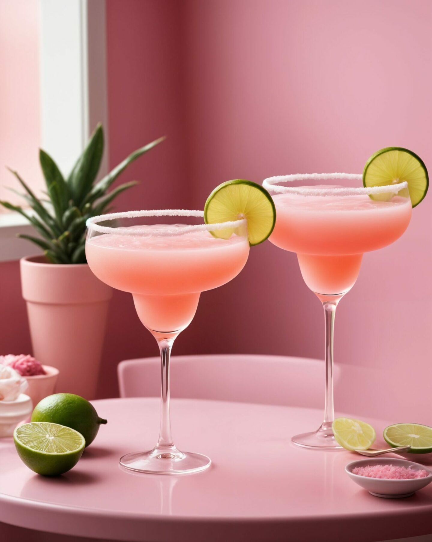 two pink margaritas in a glass