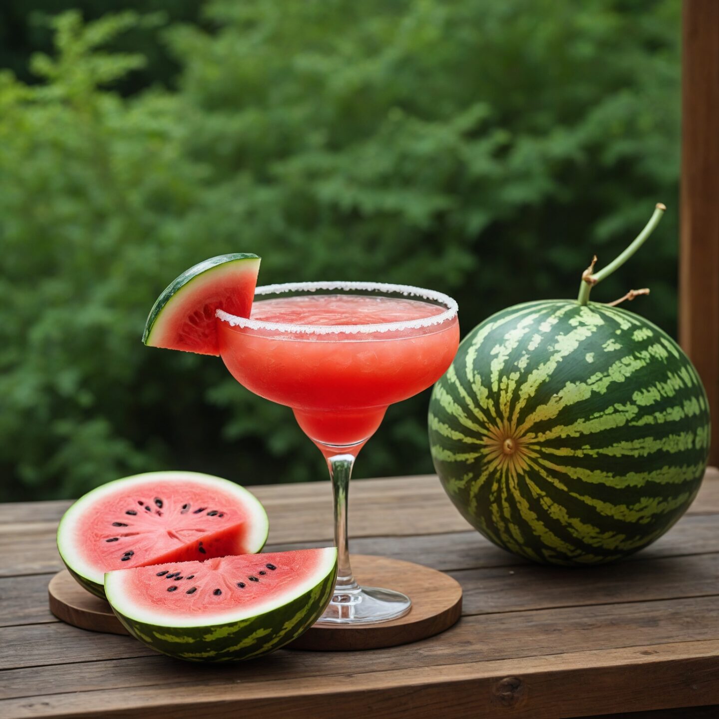 watermelon margarita won a wooden table with a glass cup by the side