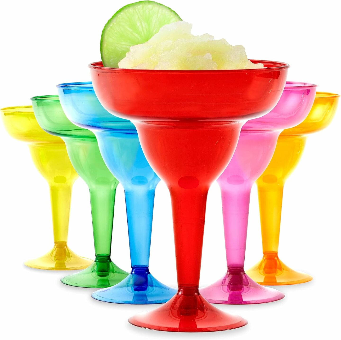 Plastic, rainbow-colored margarita glasses