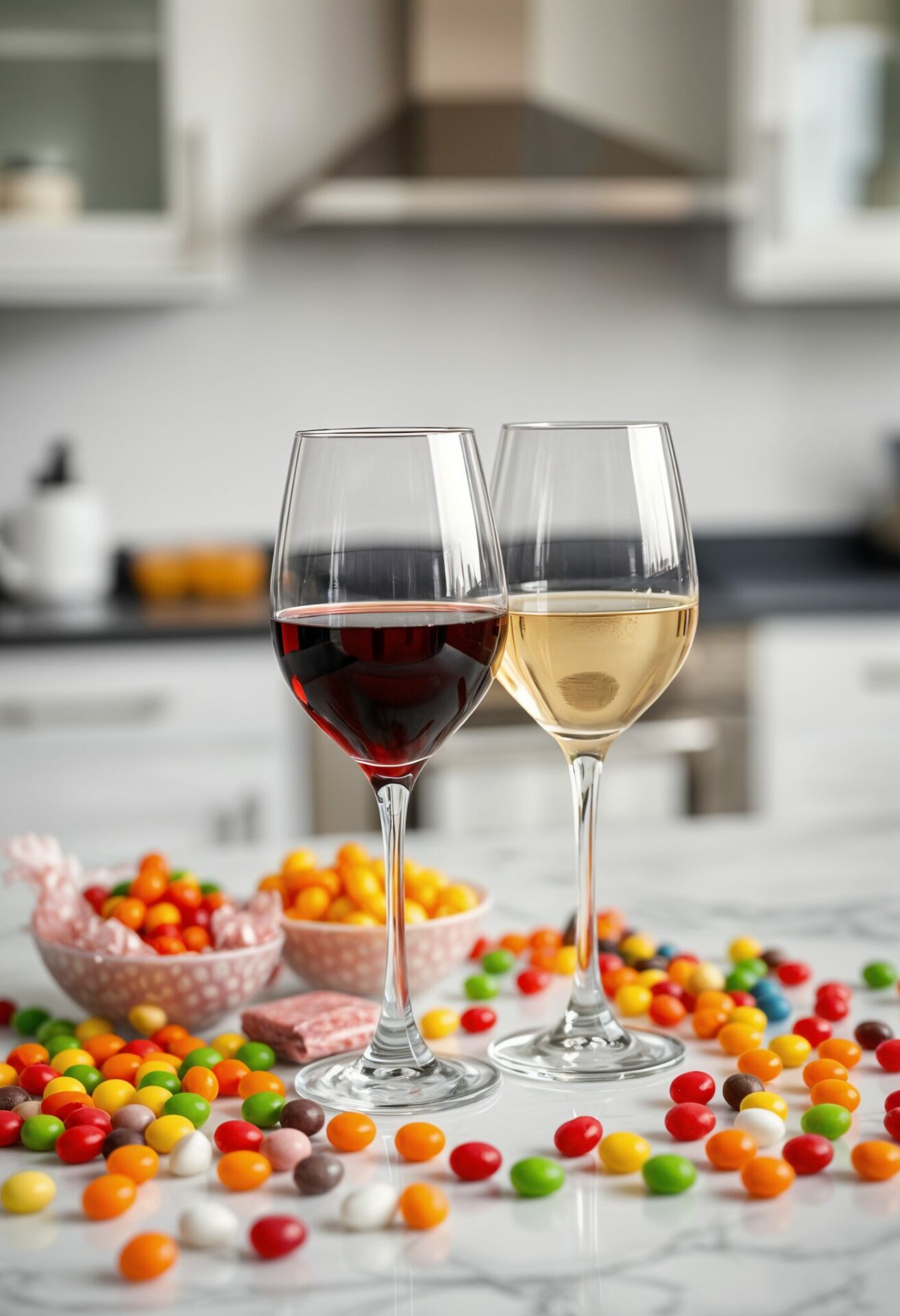 red and white wine in a wine glass sitting on a kitchen counter