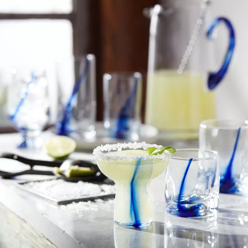 Stemless margarita glasses with blue wisp