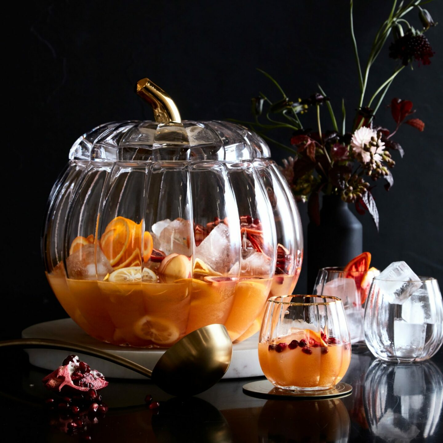 Large pumpkin punch bowl and small pumpkin glasses