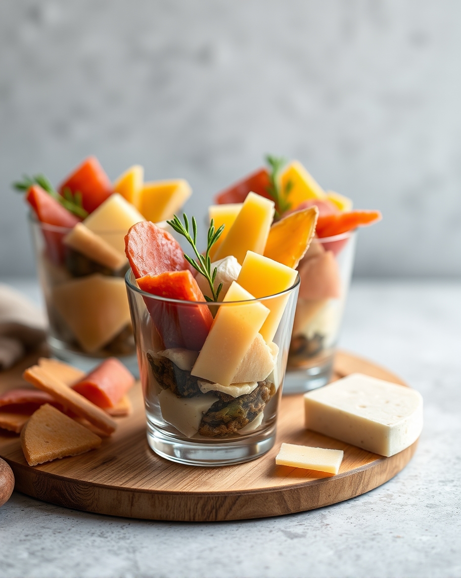 3 charcuterie cups on a wooden tray